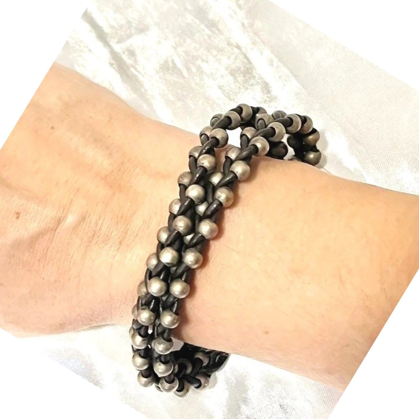 Uno De 50 Silver Beaded Bracelet Unisex Men's Women's Double Dark Brown Leather
